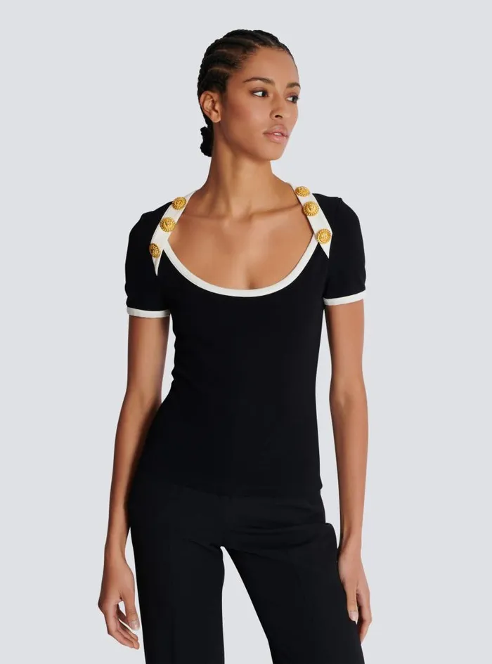 Balmain TShirts Women Twotone Tshirt With Button Details Black