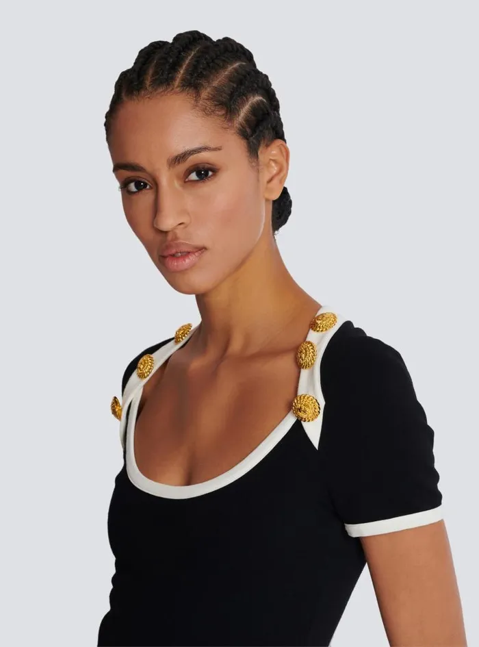 Balmain TShirts Women Twotone Tshirt With Button Details Black