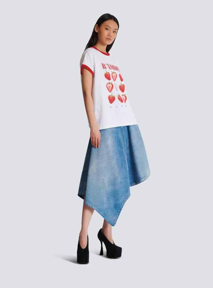 Balmain TShirts Women Twotone Tshirt With Strawberry Print White