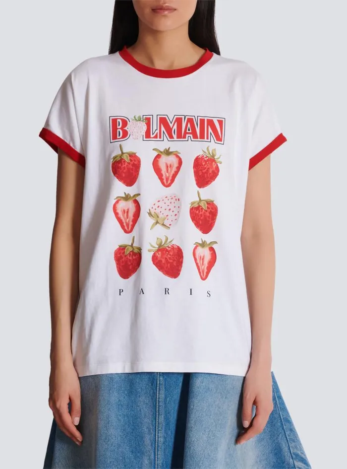 Balmain TShirts Women Twotone Tshirt With Strawberry Print White