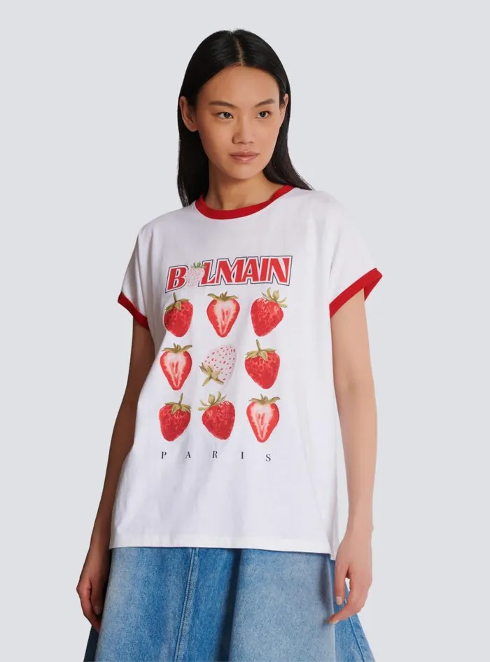 Balmain TShirts Women Twotone Tshirt With Strawberry Print White