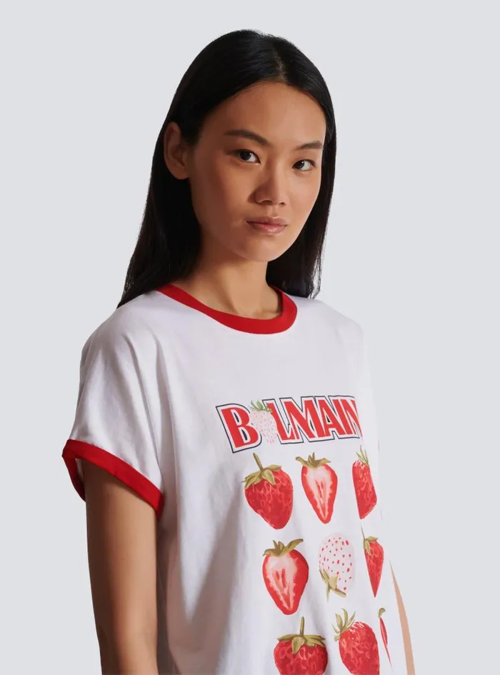 Balmain TShirts Women Twotone Tshirt With Strawberry Print White