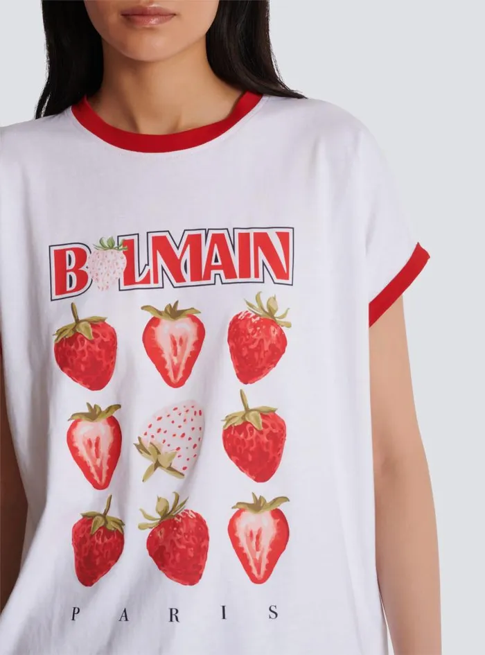 Balmain TShirts Women Twotone Tshirt With Strawberry Print White