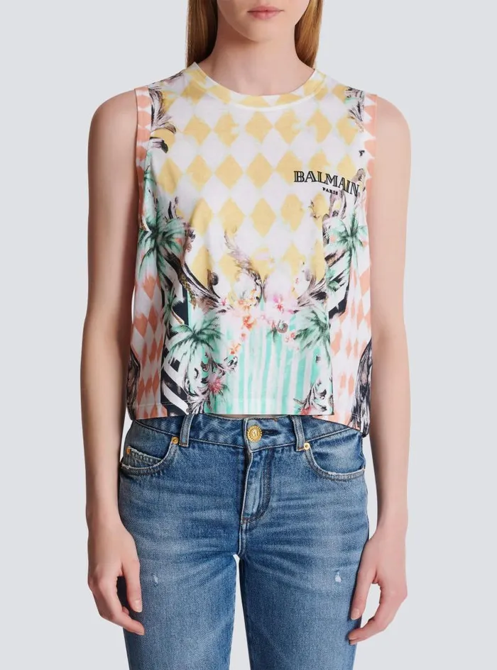 Balmain TShirts Women Vintage Tank Top With Baroque Print Multicolor