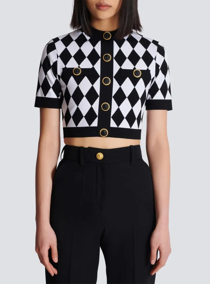 Balmain Tops And Shirts Women Diamond Jacquard Knit Top Black