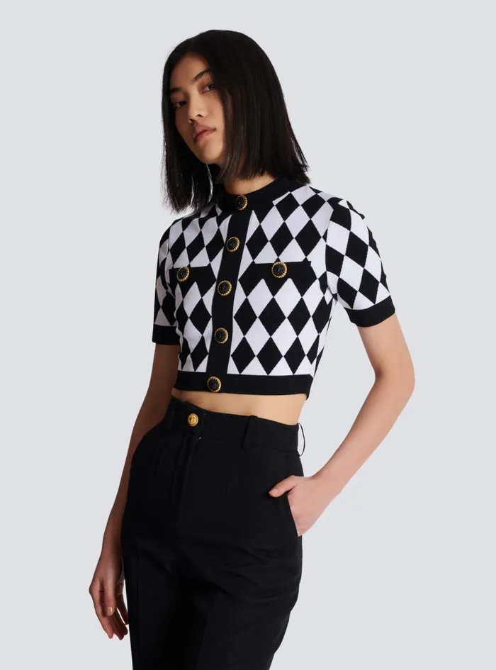 Balmain Tops And Shirts Women Diamond Jacquard Knit Top Black