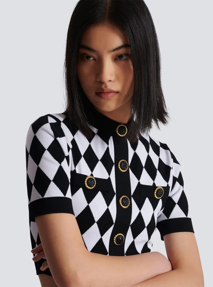 Balmain Tops And Shirts Women Diamond Jacquard Knit Top Black
