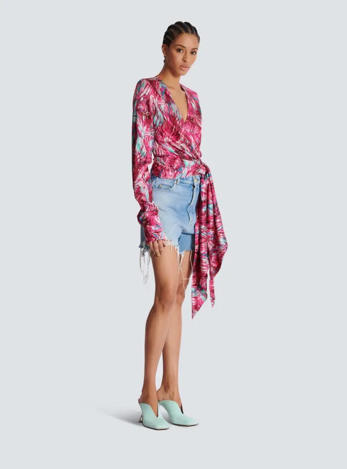 Balmain Tops And Shirts Women Feather Print Satin Wrap Blouse Pink