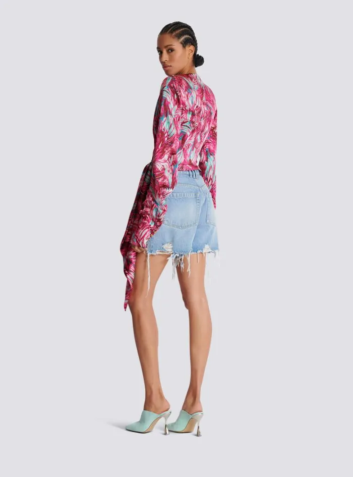 Balmain Tops And Shirts Women Feather Print Satin Wrap Blouse Pink