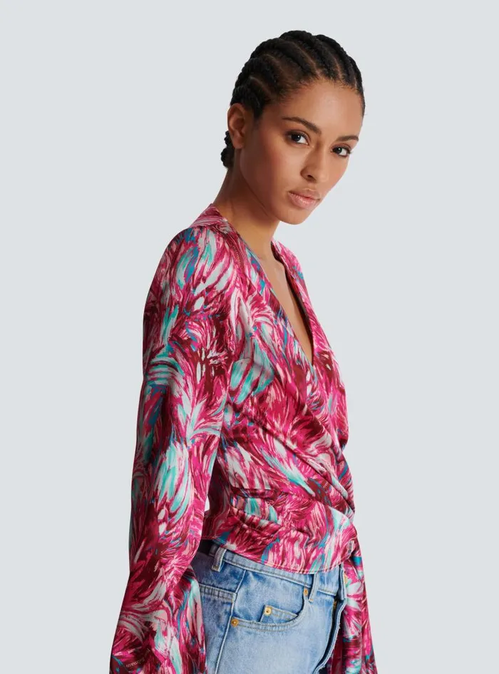 Balmain Tops And Shirts Women Feather Print Satin Wrap Blouse Pink