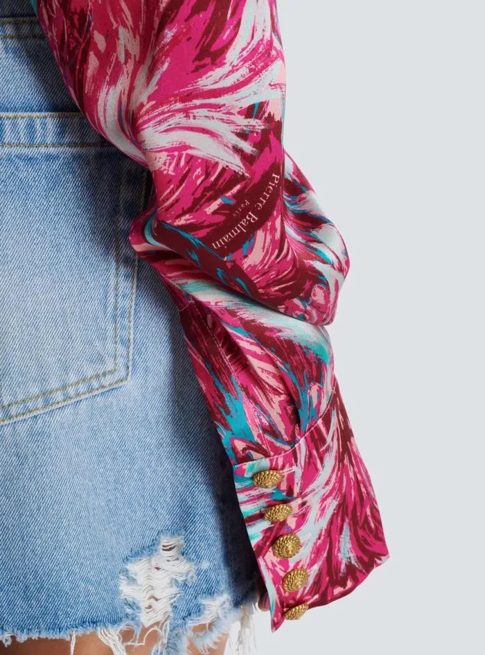 Balmain Tops And Shirts Women Feather Print Satin Wrap Blouse Pink