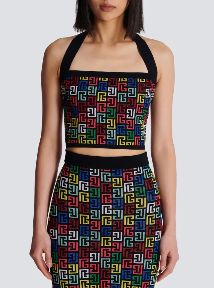 Balmain Tops And Shirts Women Halterneck Top In Pop Monogram Knit Multicolor