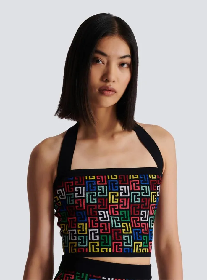 Balmain Tops And Shirts Women Halterneck Top In Pop Monogram Knit Multicolor