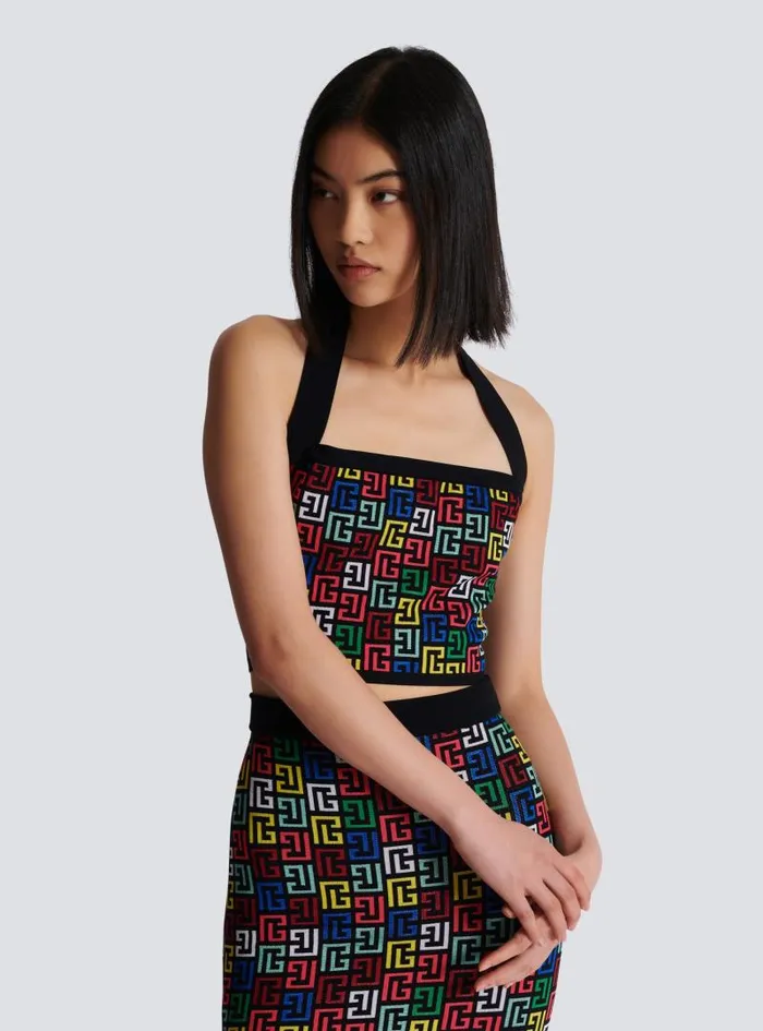 Balmain Tops And Shirts Women Halterneck Top In Pop Monogram Knit Multicolor