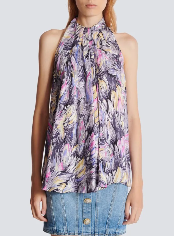 Balmain Tops And Shirts Women Pussybow Top With Feather Print Multicolor