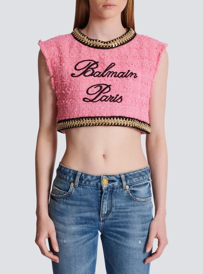 Balmain Tops And Shirts Women Signature Tweed And Chain Top Pink