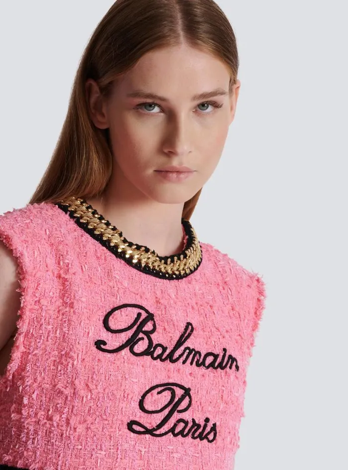 Balmain Tops And Shirts Women Signature Tweed And Chain Top Pink