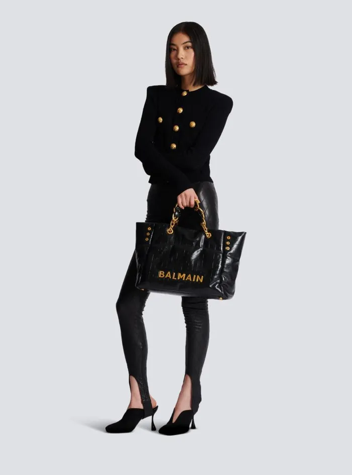 Balmain Tote Bags Women 1945 Soft Tote Bag In Crackled Calfskin Black