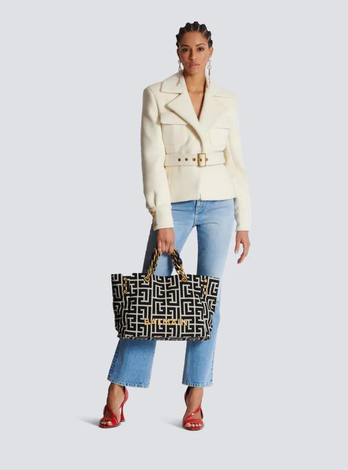 Balmain Tote Bags Women 1945 Soft Tote Bag In Jacquard Fabric With Monogram Black Balmain Tote Bags Women 1945 Soft Tote Bag In Jacquard Fabric With Monogram Black