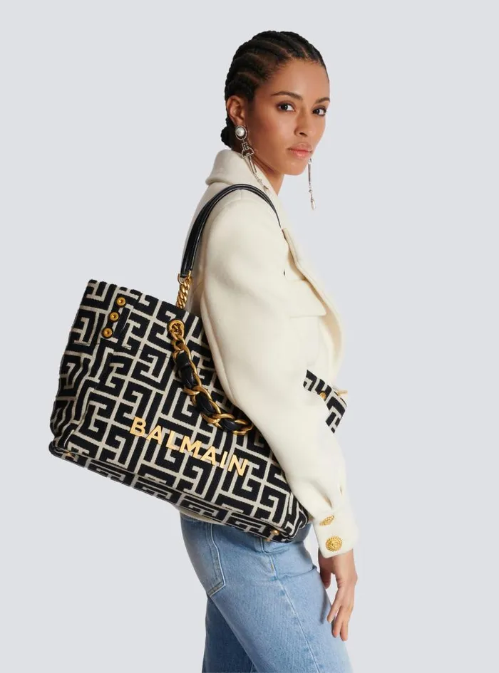 Balmain Tote Bags Women 1945 Soft Tote Bag In Jacquard Fabric With Monogram Black