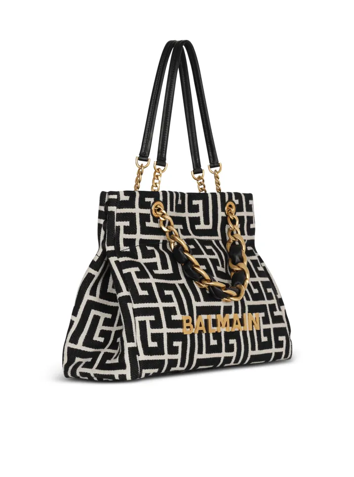 Balmain Tote Bags Women 1945 Soft Tote Bag In Jacquard Fabric With Monogram Black