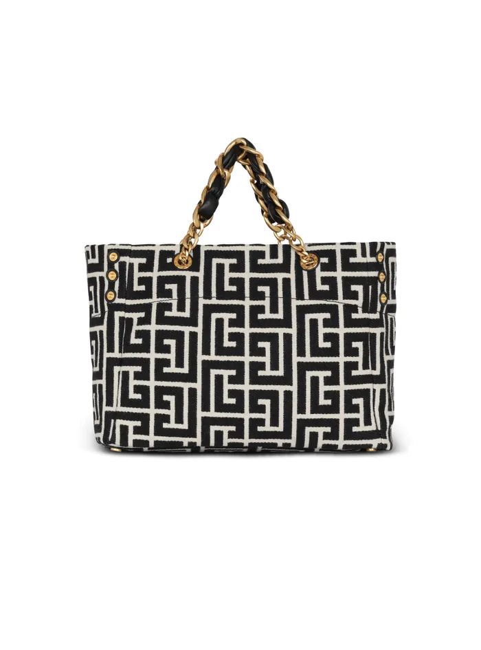 Balmain Tote Bags Women 1945 Soft Tote Bag In Jacquard Fabric With Monogram Black