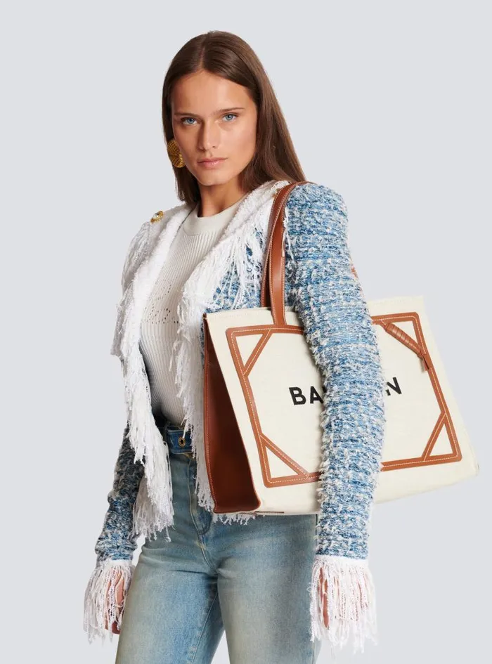 Balmain Tote Bags Women BArmy 42 Canvas Tote Bag With Leather Details Brown