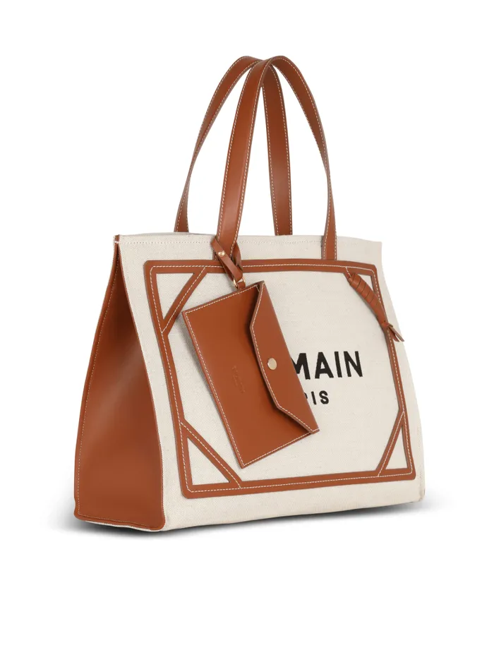 Balmain Tote Bags Women BArmy 42 Canvas Tote Bag With Leather Details Brown