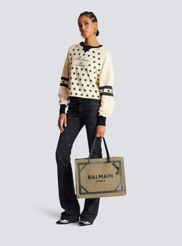 Balmain Tote Bags Women BArmy 42 Canvas Tote Bag With Leather Details Khaki Balmain Tote Bags Women BArmy 42 Canvas Tote Bag With Leather Details Khaki
