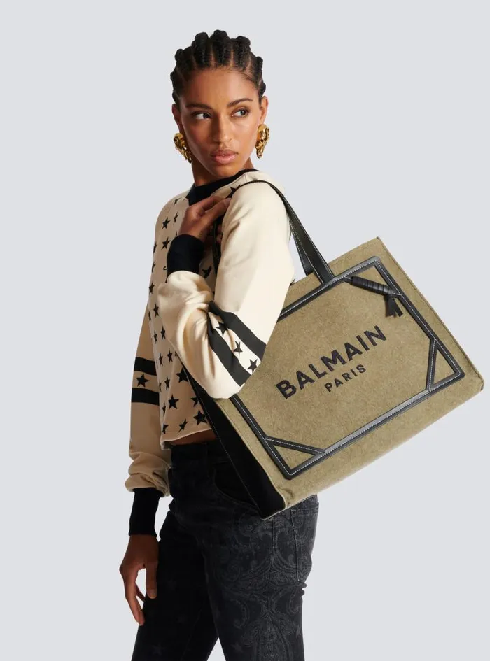 Balmain Tote Bags Women BArmy 42 Canvas Tote Bag With Leather Details Khaki