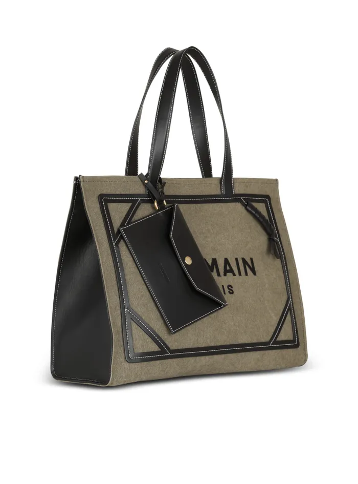 Balmain Tote Bags Women BArmy 42 Canvas Tote Bag With Leather Details Khaki