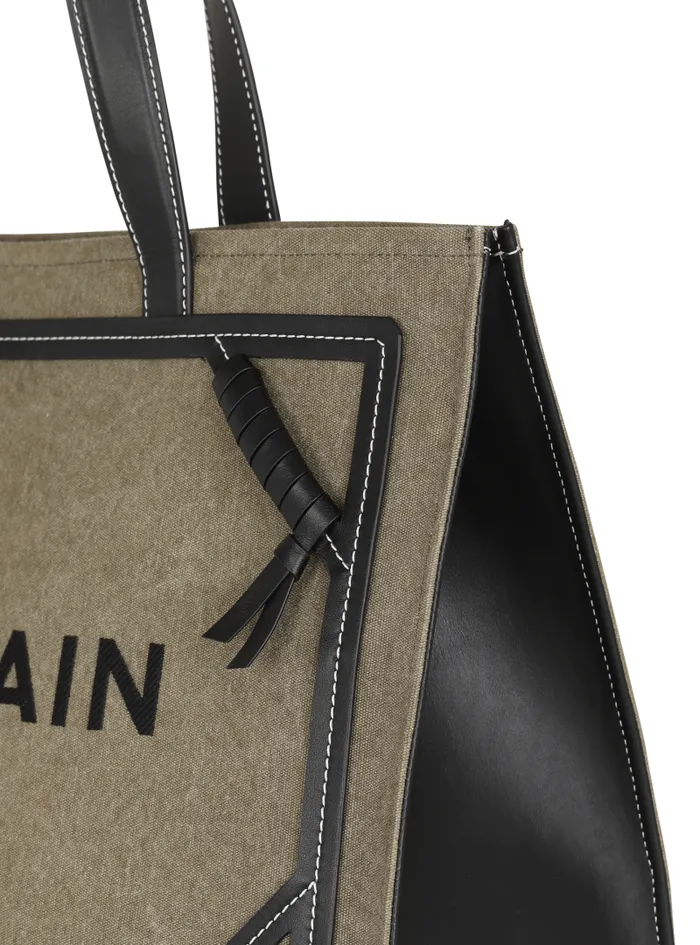 Balmain Tote Bags Women BArmy 42 Canvas Tote Bag With Leather Details Khaki