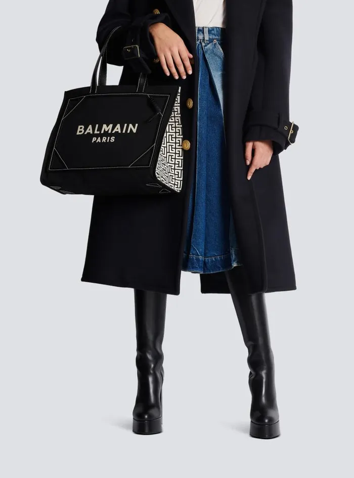 Balmain Tote Bags Women BArmy 42 Monogrammed Canvas And Smooth Leather Tote Bag Black