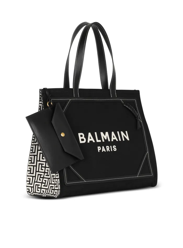 Balmain Tote Bags Women BArmy 42 Monogrammed Canvas And Smooth Leather Tote Bag Black