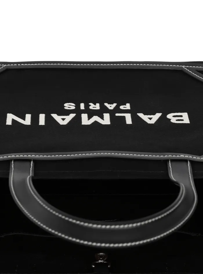 Balmain Tote Bags Women BArmy 42 Monogrammed Canvas And Smooth Leather Tote Bag Black
