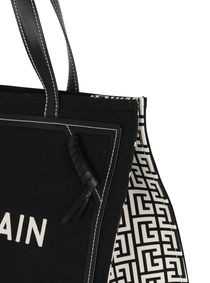 Balmain Tote Bags Women BArmy 42 Monogrammed Canvas And Smooth Leather Tote Bag Black