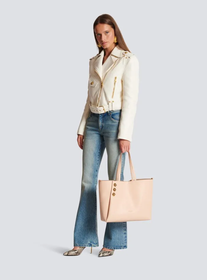Balmain Tote Bags Women Emblme Grained Leather Tote Bag Beige