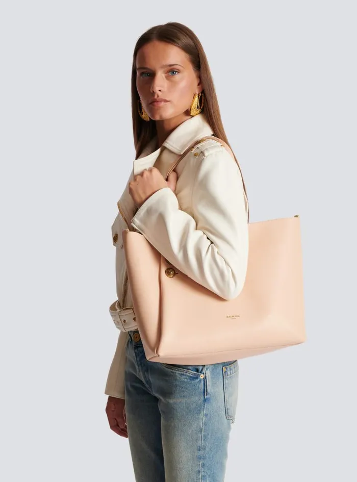 Balmain Tote Bags Women Emblme Grained Leather Tote Bag Beige