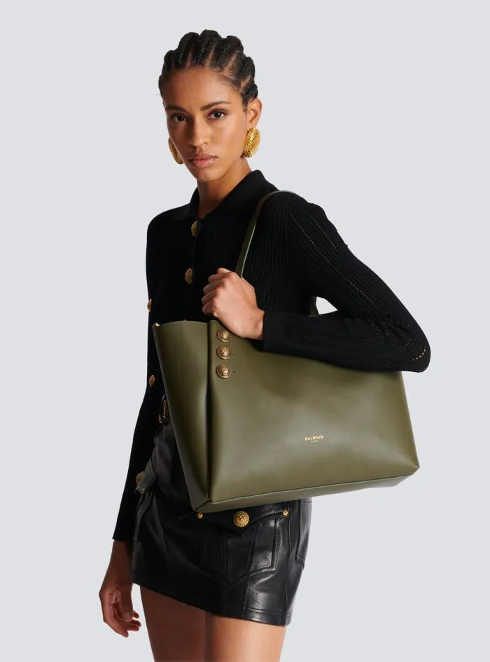 Balmain Tote Bags Women Emblme Leather Tote Bag Khaki