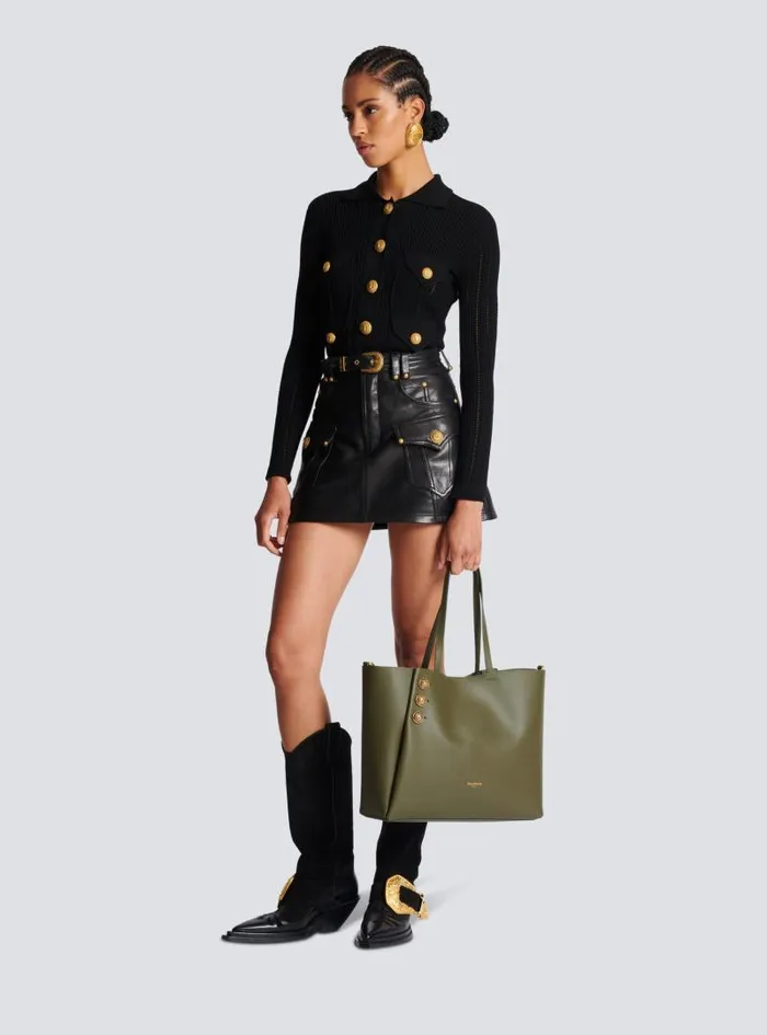 Balmain Tote Bags Women Emblme Leather Tote Bag Khaki