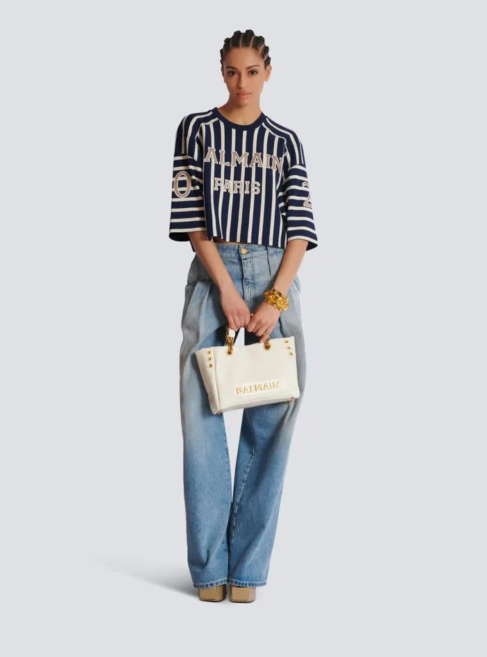 Balmain Tote Bags Women Small 1945 Soft Bag In Embossed Crackled Calfskin With A PB Labyrinth Monogram White Balmain Tote Bags Women Small 1945 Soft Bag In Embossed Crackled Calfskin With A PB Labyrinth Monogram White