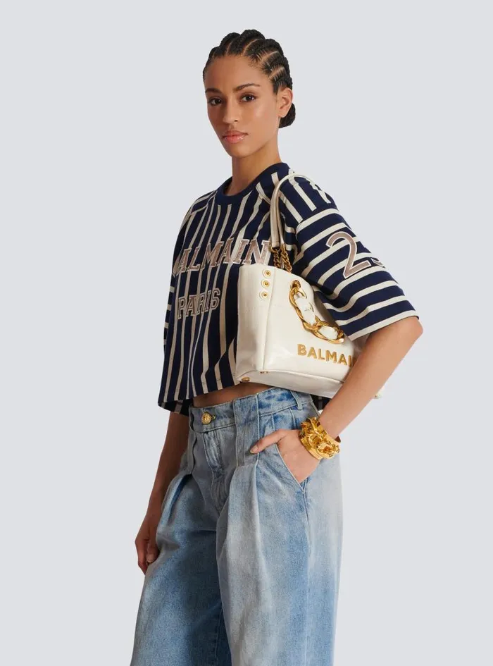 Balmain Tote Bags Women Small 1945 Soft Bag In Embossed Crackled Calfskin With A PB Labyrinth Monogram White