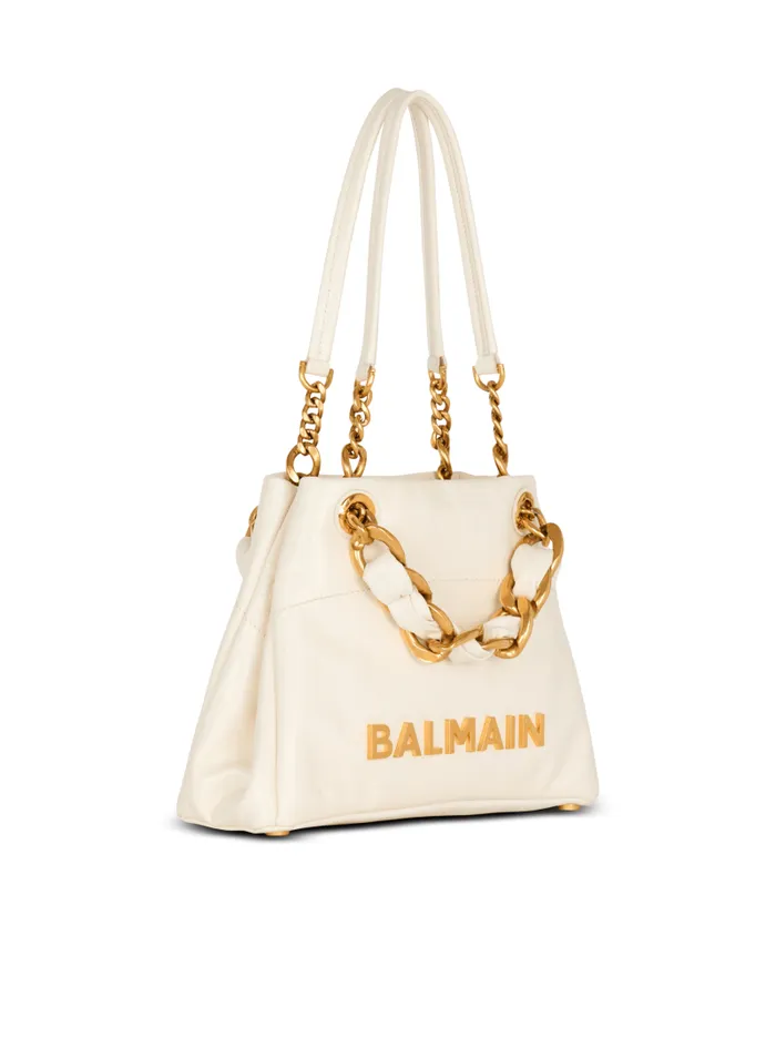 Balmain Tote Bags Women Small 1945 Soft Bag In Embossed Crackled Calfskin With A PB Labyrinth Monogram White