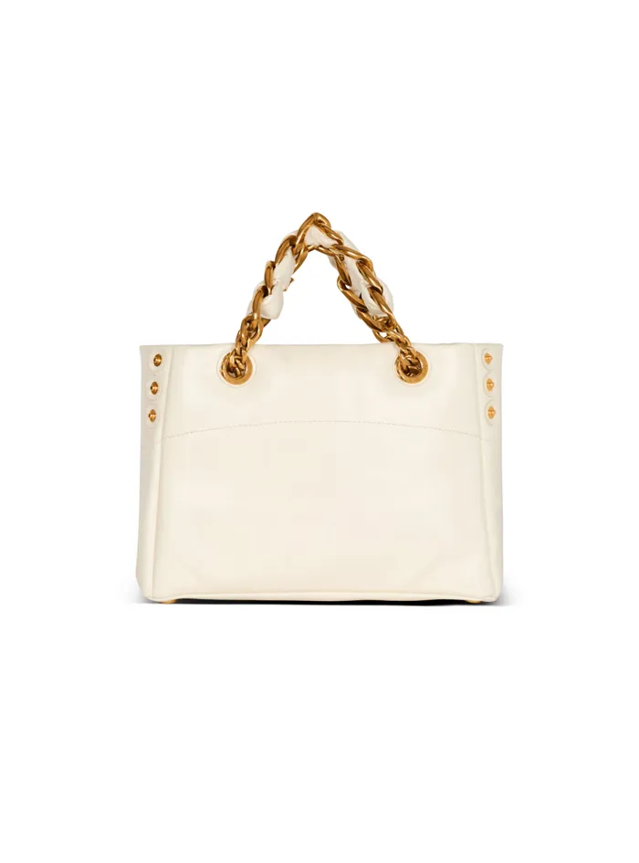 Balmain Tote Bags Women Small 1945 Soft Bag In Embossed Crackled Calfskin With A PB Labyrinth Monogram White