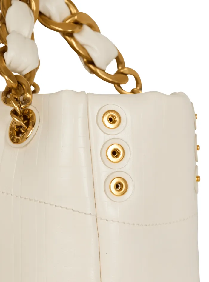 Balmain Tote Bags Women Small 1945 Soft Bag In Embossed Crackled Calfskin With A PB Labyrinth Monogram White