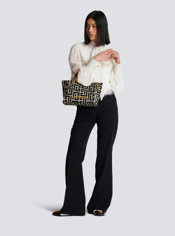 Balmain Tote Bags Women Small 1945 Soft Tote Bag Monogram Jacquard Fabric Black Balmain Tote Bags Women Small 1945 Soft Tote Bag Monogram Jacquard Fabric Black