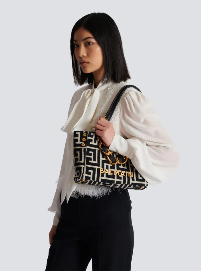 Balmain Tote Bags Women Small 1945 Soft Tote Bag Monogram Jacquard Fabric Black