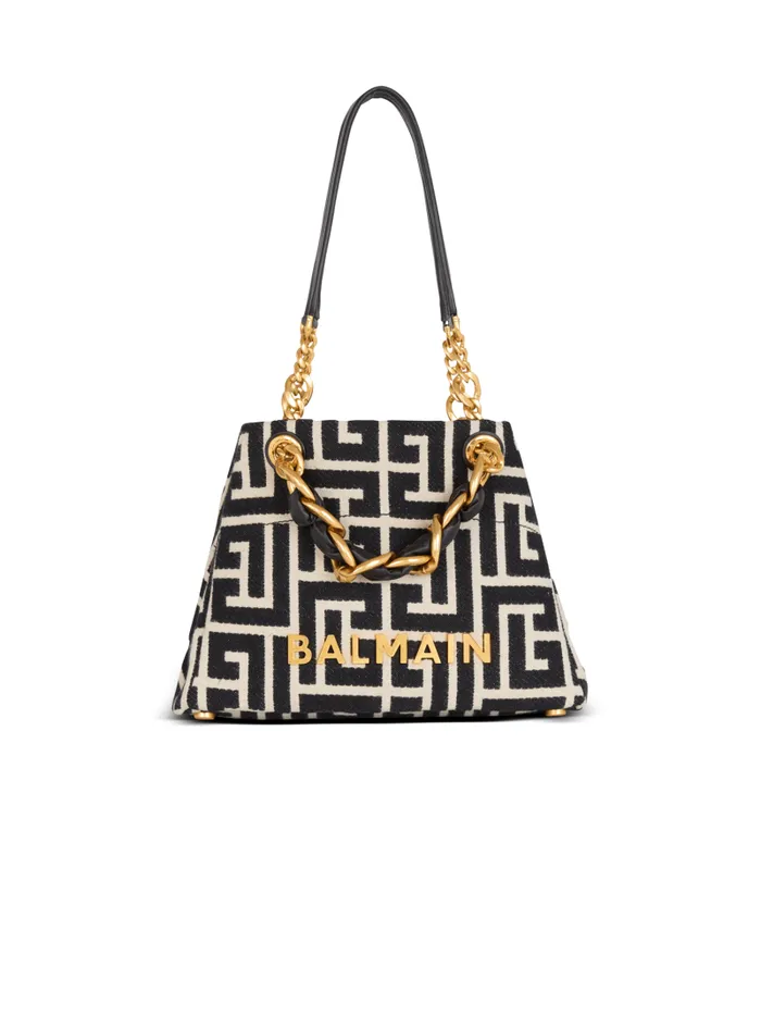 Balmain Tote Bags Women Small 1945 Soft Tote Bag Monogram Jacquard Fabric Black