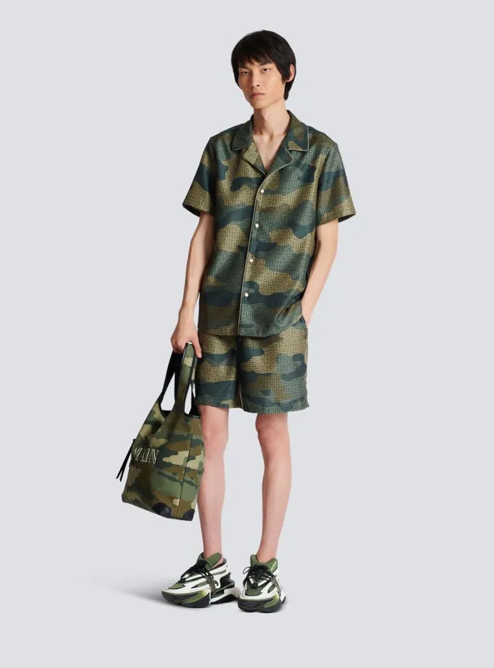 Balmain Trousers And Shorts Men Camouflage Monogrammed Shantung Shorts Khaki