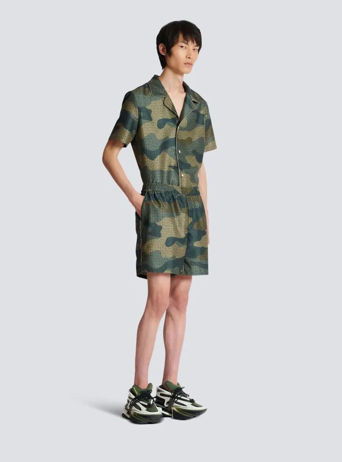 Balmain Trousers And Shorts Men Camouflage Monogrammed Shantung Shorts Khaki